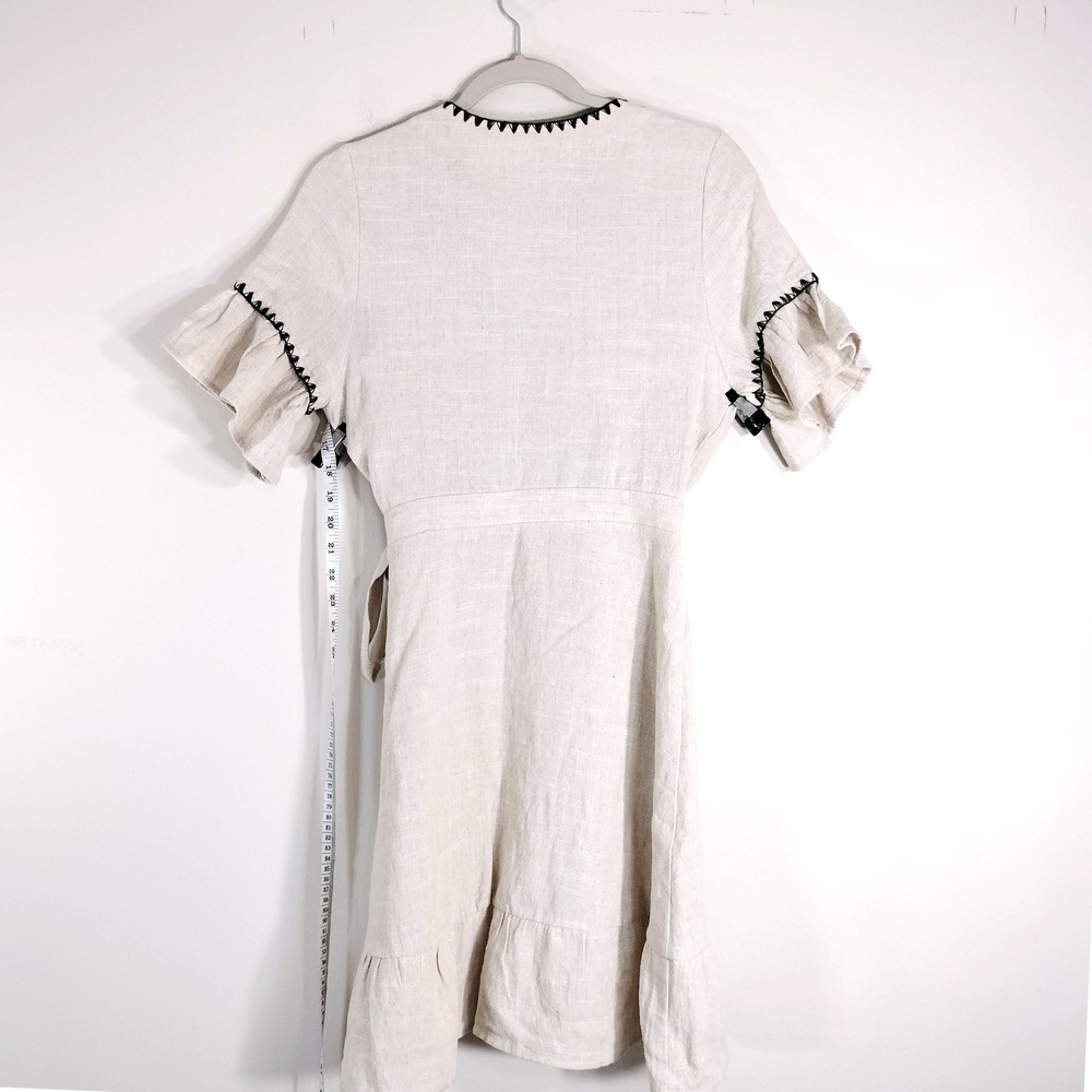 Moon River Beige Wrap Dress; Linen Blend, Embroidered, Ruffle Sleeve - Picture 5 of 9
